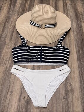 Lauren Ralph Lauren Wide Brim Sun Hat + Shade & Shore Striped Bikini Set Bundle